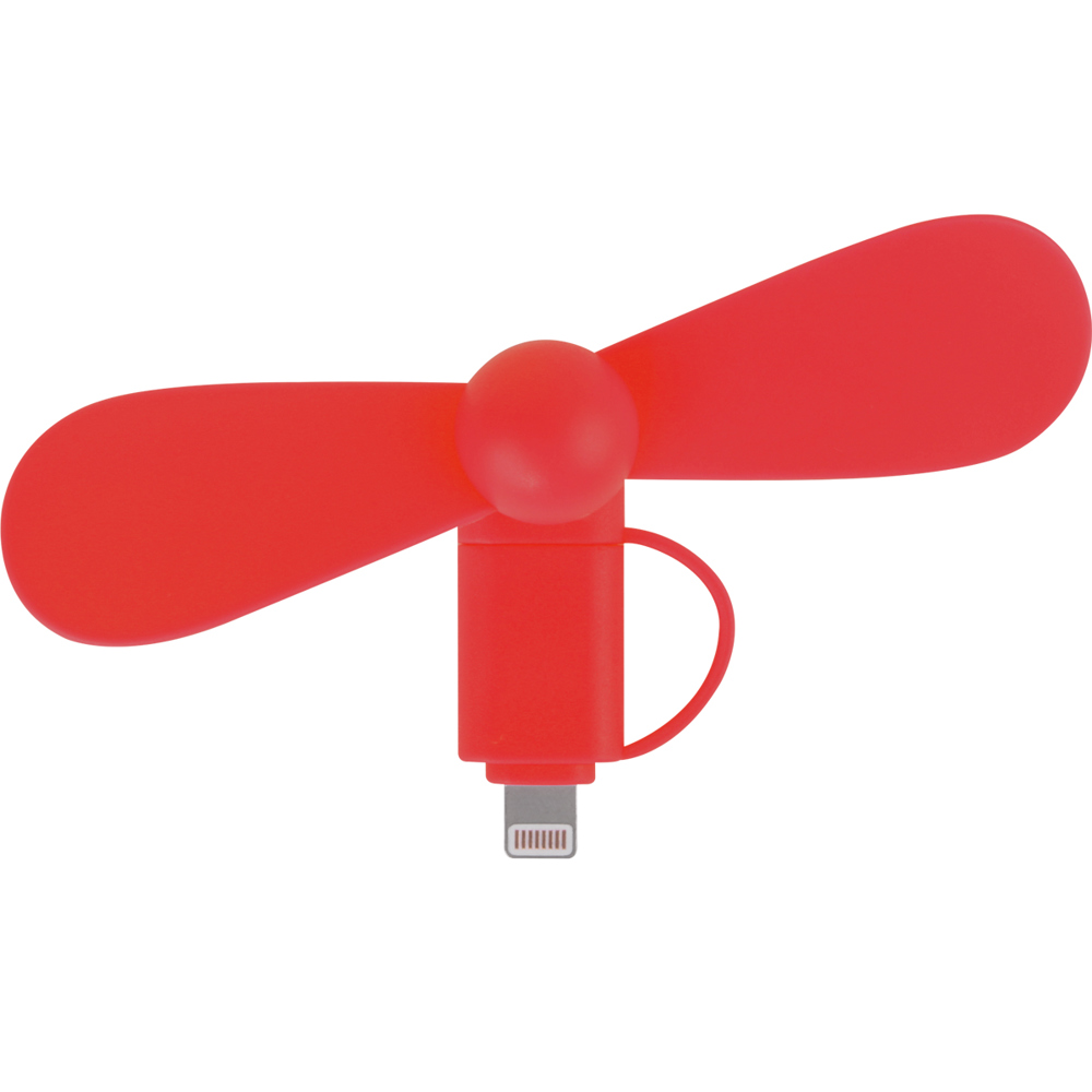 2 in 1 PROMO-Ventilator mit Lightning (Apple) und Type C USB Anschluss - ca. Pantone 485 rot gedeckt